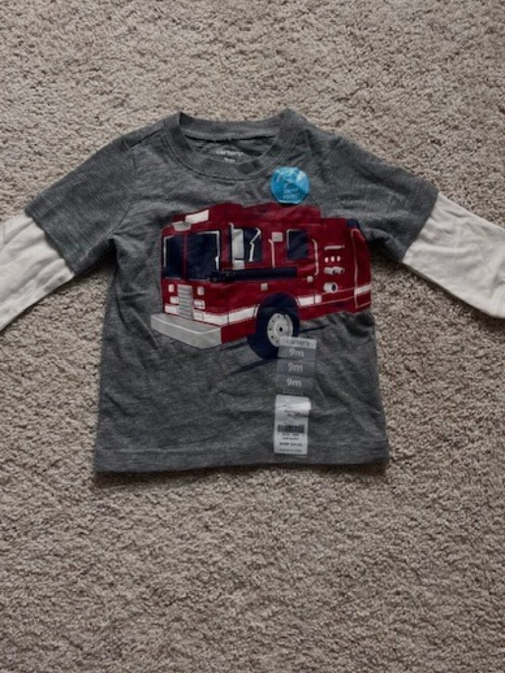 NWT Carter's Fire Truck Layered Look Long Sleeve Shirt 9M Baby Boy Red Gray